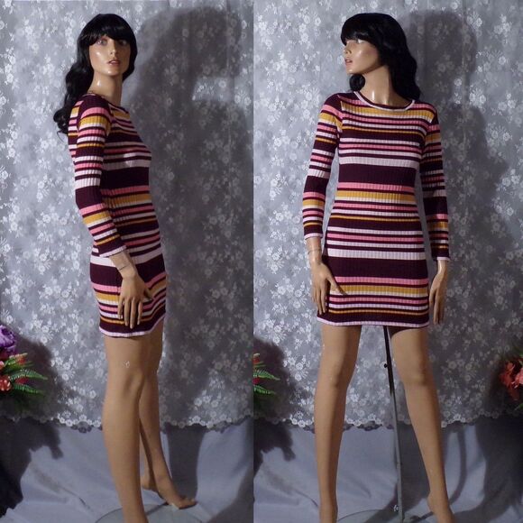 Vintage 90s Dress Size Small 1990s Thick Stripe Chunky Knit Pencil Grunge Retro - Picture 1 of 7